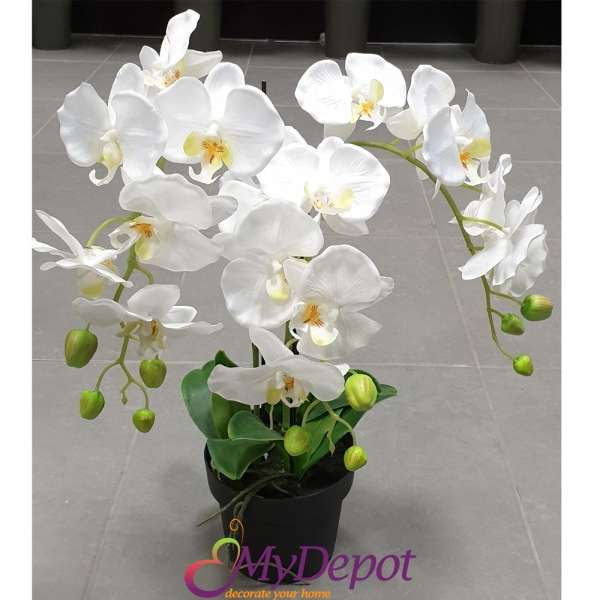Изкуствена орхидея в саксия със  17 цвята, бяла, 68 см