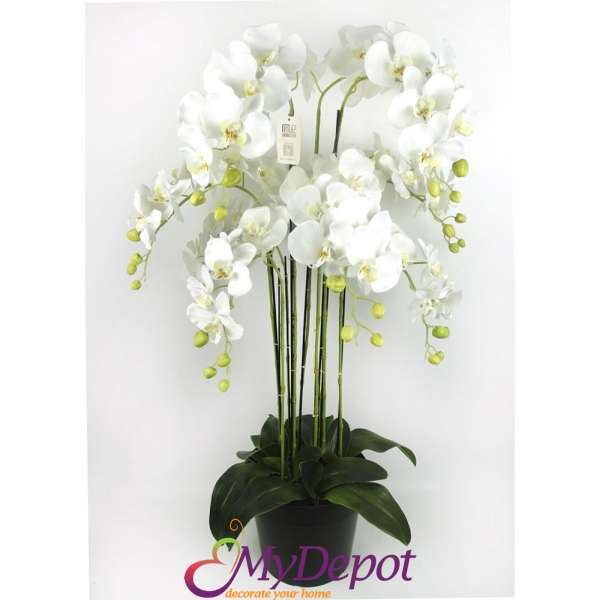Изкуствена орхидея с 63 цвята в саксия, бяла, 110 см