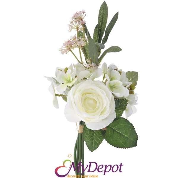 Букет роза и хортензия в бяло, 35 см
