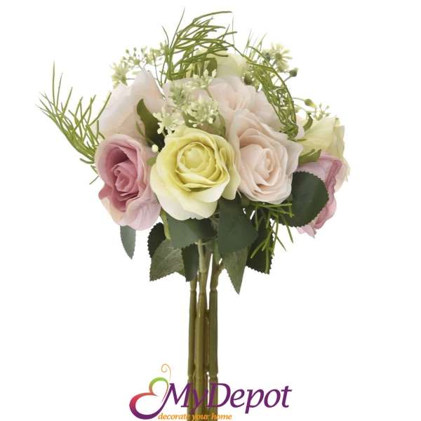 Букет рози в бяло, зелено и розово, 31 см