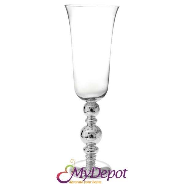 Стъклена ваза със сребърна основа, Ф 26х82 см
