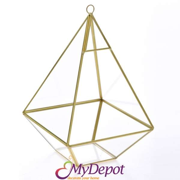 Стъкленица пирамида със златни ръбове, 17х17х27 см