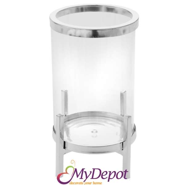 Стъклен свещник с метална основа, сребро, Ф 14х24 см