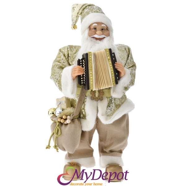 Музикален Дядо Коледа с акордеон, злато, 60 см