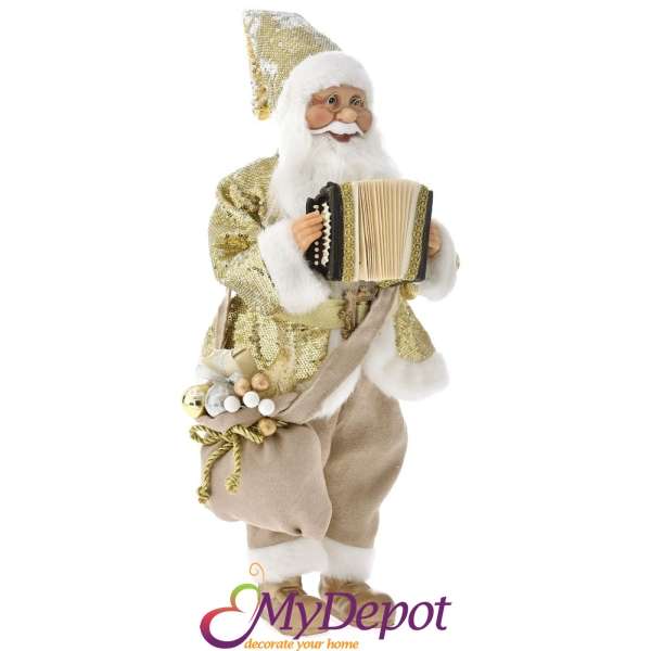 Музикален Дядо Коледа с акордеон, злато, 45 см