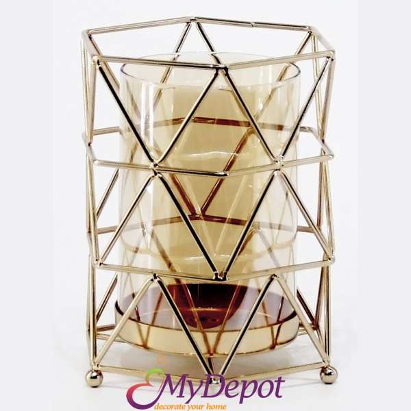 Метален свещник със стъклена чашка, злато, 14х15,5х19 см