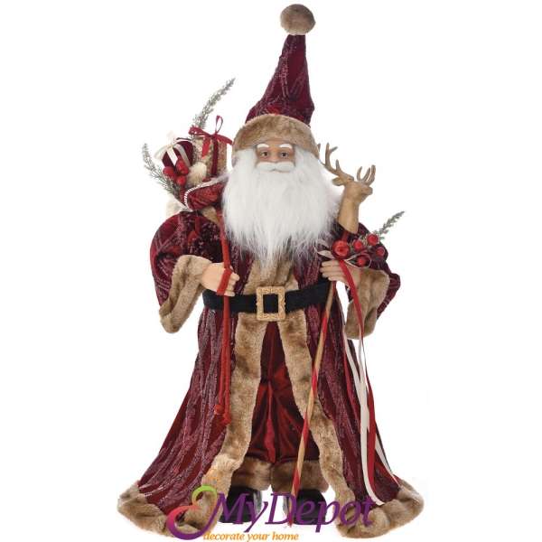 Дядо Коледа с кадифен кожух, бургунди, 65 см