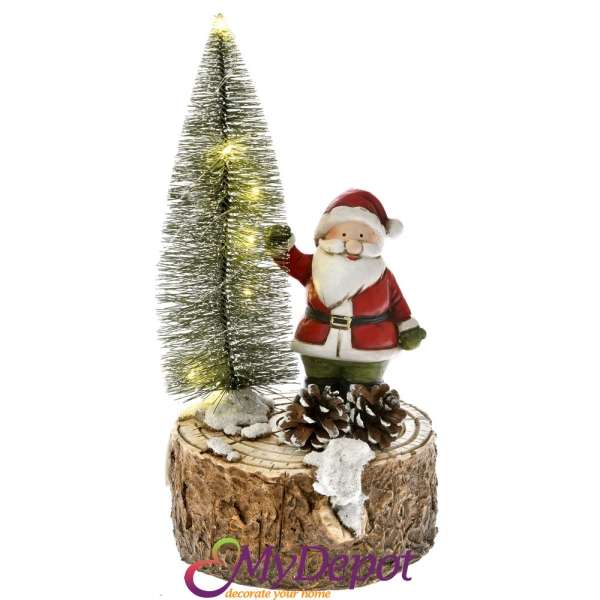 Дядо Коледа върху пънче със светеща елха, керамика, 16х30 см