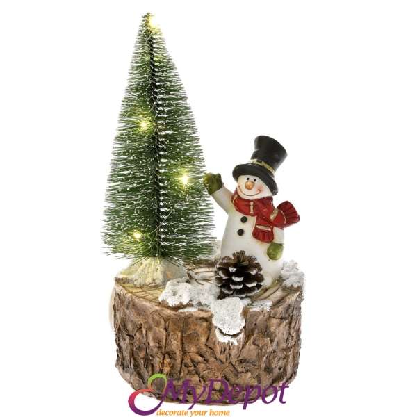 Снежко върху пънче със светеща елха, керамика, 13х23 см
