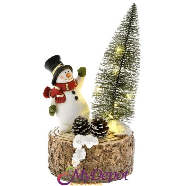 Снежко върху пънче със светеща елха, керамика, 16х30см
