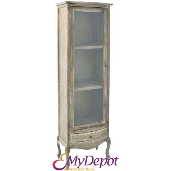 Дървен ретро шкаф с позрачна витрина, 60х38х180 см