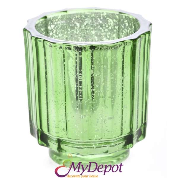 Стъклен свещник зелен, 9х10 см