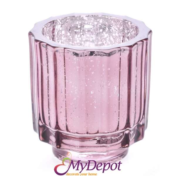 Стъклен свещник розов, 8х8,5 см