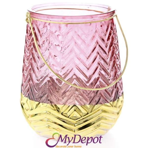 Стъклен свещник с дръжка, розово- златно, 14х17 см