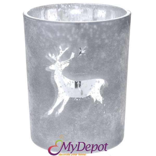 Стъклен свещник с елен, сребро, 10х12 см