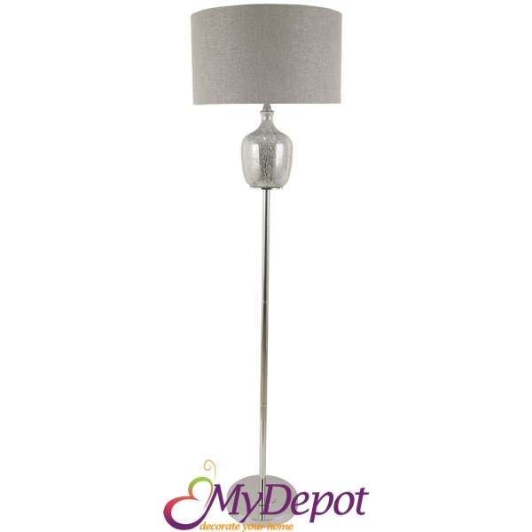 Стояща лампа сива със стъклен  розов орнамент, Ф 43х160 см