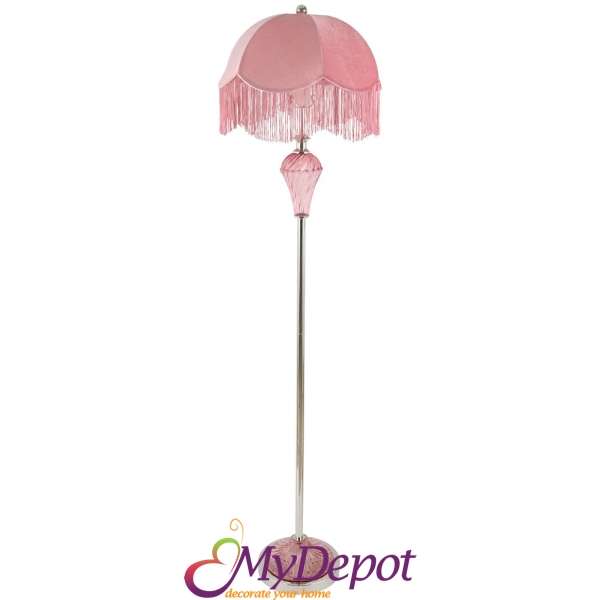 Стояща лампа розова със стъклен  розов орнамент, Ф 41х165 см