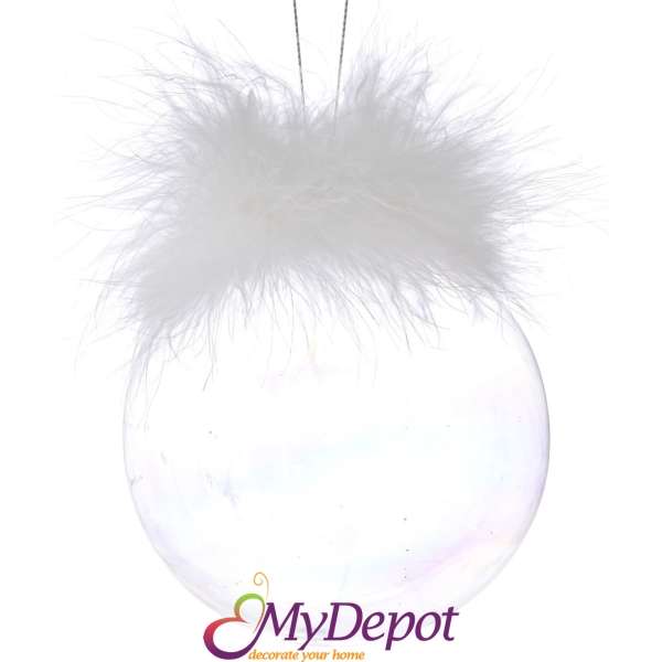 Стъклена топка прозрачна с бели пера, к-т 4 бр, 10 см