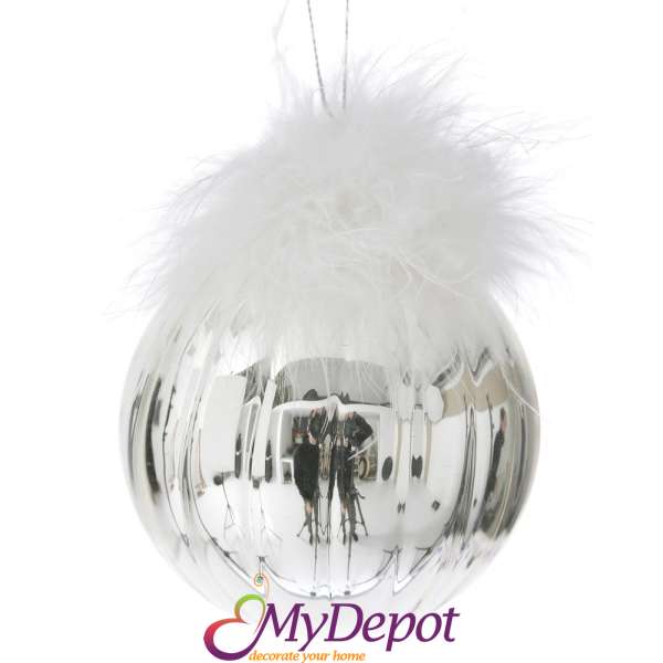 Стъклена топка сребро с бели пера, к-т 6 бр, 8 см