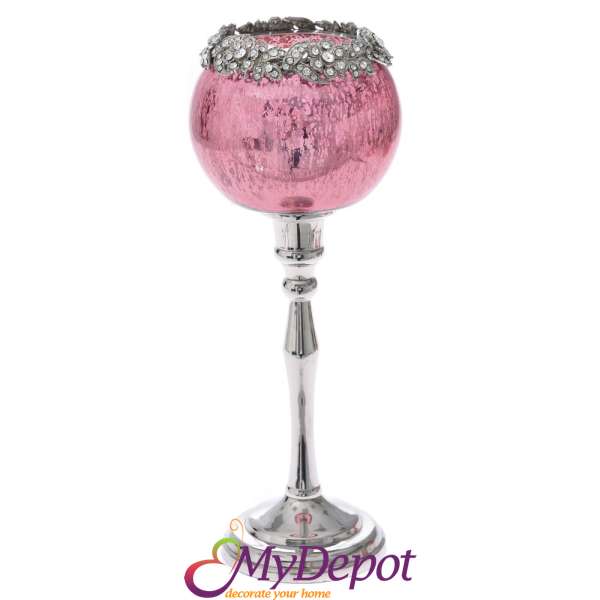 Метален свещник с розово стъкло и кристали, Ф 8х27 см