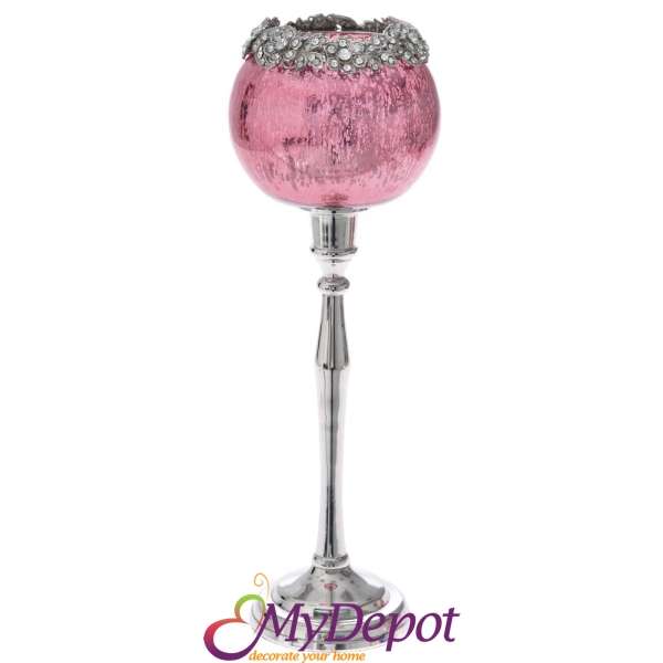 Метален свещник с розово стъкло и кристали, Ф 8х32 см
