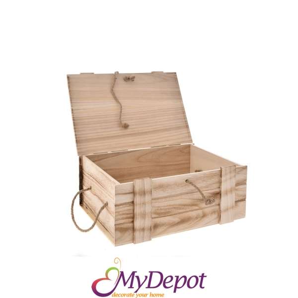 Дървен сандък натурал с плетени дръжки, 29х19х11 см