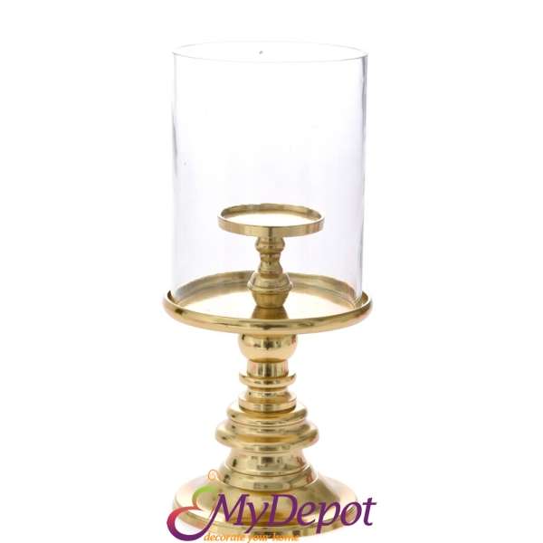 Метален свещник злато със стъклена чашка, 37 см