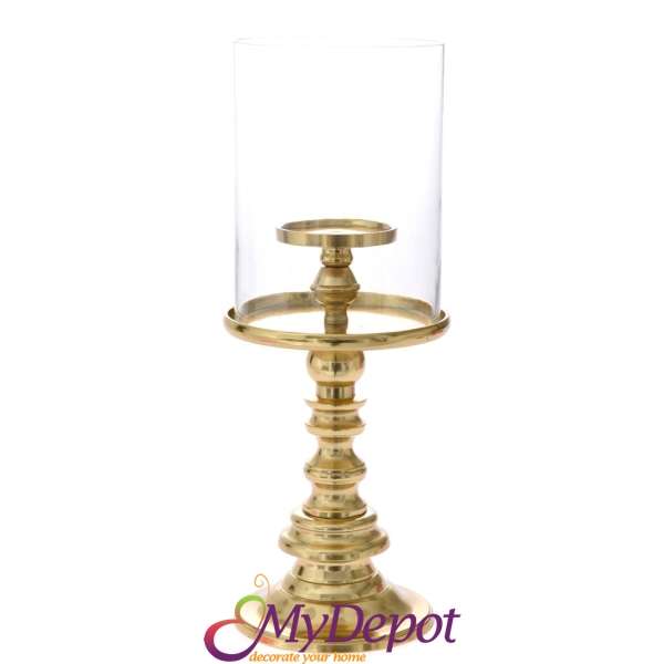 Метален свещник злато със стъклена чашка, 43 см