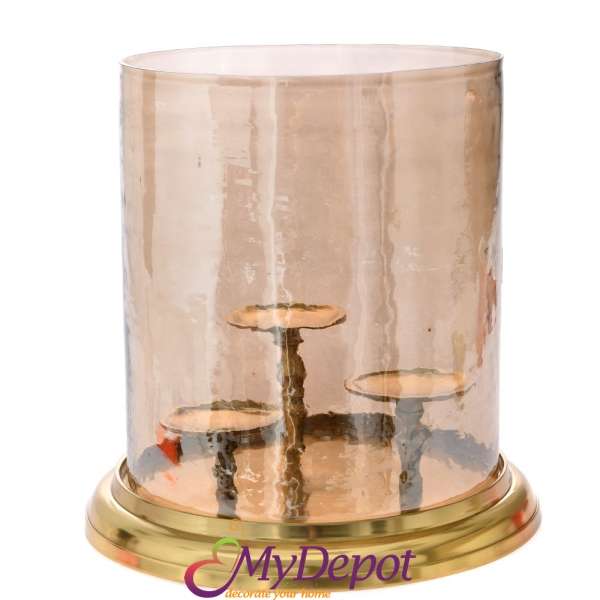 Метален свещник злато със стъклена чашка за 3 свещи, 33х33 см