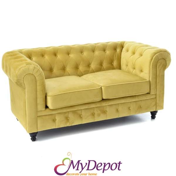 Двуместен диван от кадифе, кехлибар, 164х90х78 см
