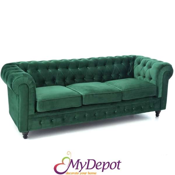 Триместен диван от меко кадифе в зелен цвят, 215х90х78 см