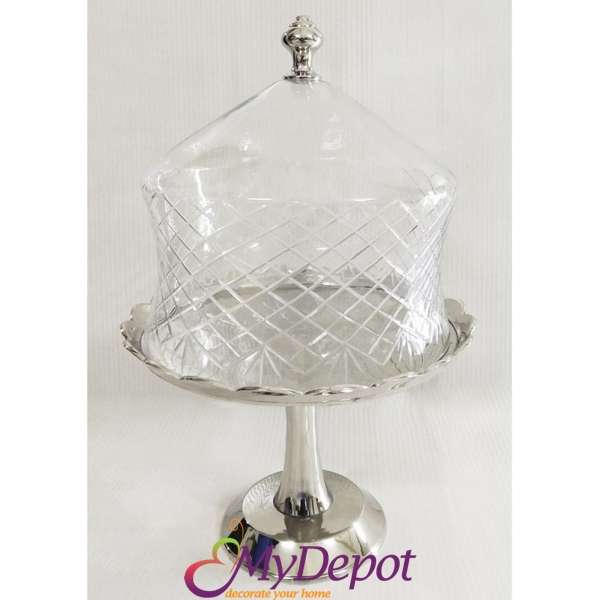 Сребърен поднос за торта със стъклен капак, Ф 30х46 см