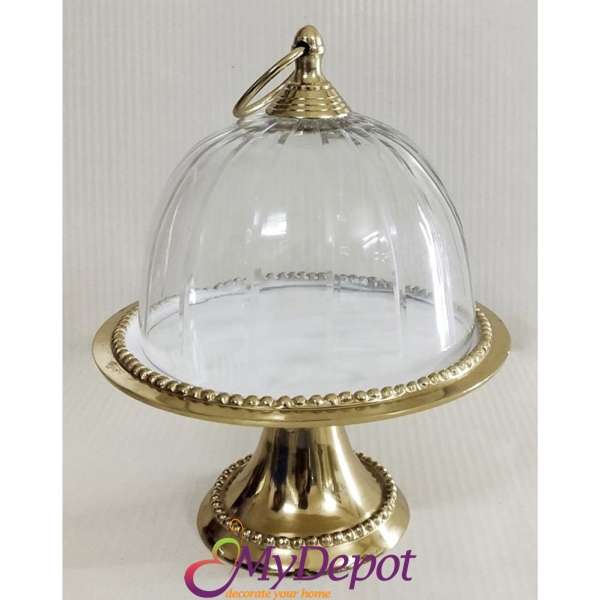 Златен поднос за торта със стъклен капак, Ф 20х25 см