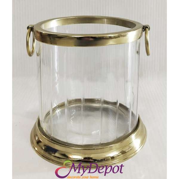 Стъклен свещник с метална златна основа, Ф 18х17 см