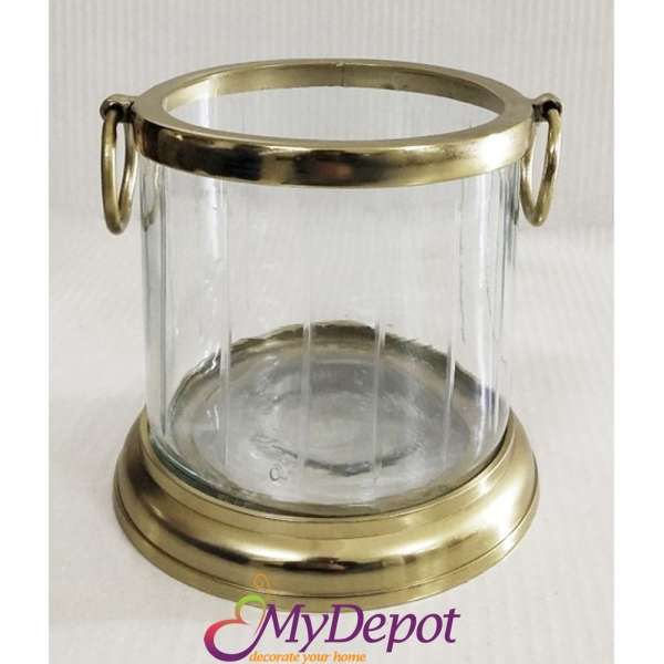 Стъклен свещник с метална златна основа, Ф 15х14 см