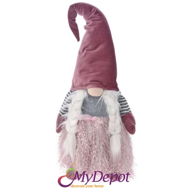 Гном с кадифена розова шапка и розова рокля, 70 см