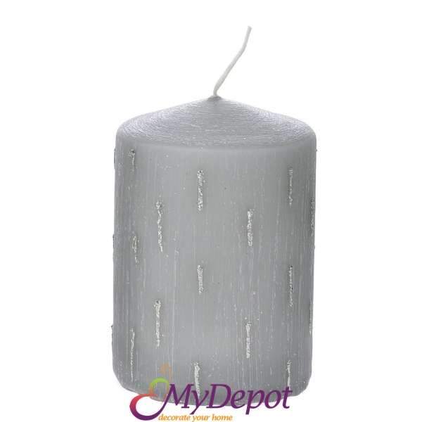 Свещ сива декорирана с брокатени пръски, 7х10 см