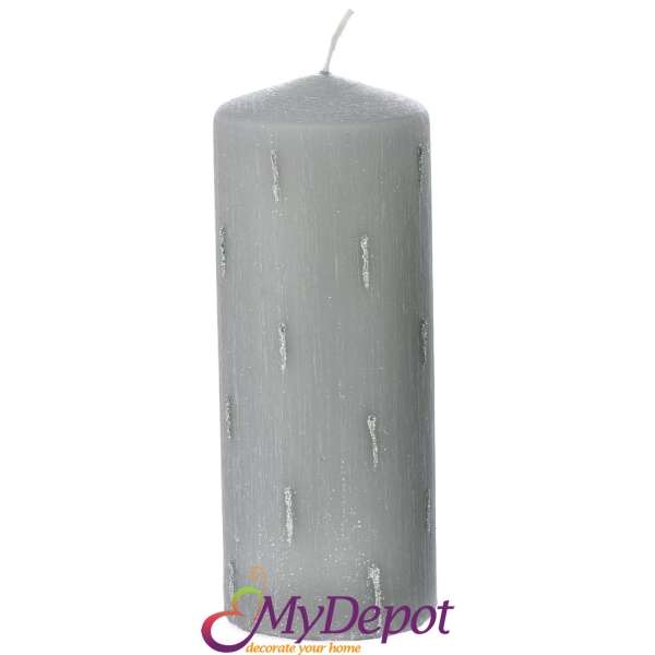 Свещ сива декорирана с брокатени пръски, 7х18 см