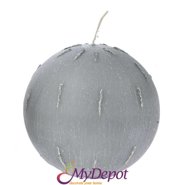Свещ топка сива декорирана с брокатени пръски, Ф 10 см