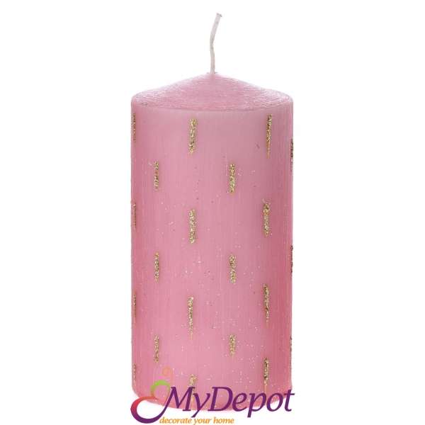 Свещ розова декорирана с брокатени пръски, 7х14 см