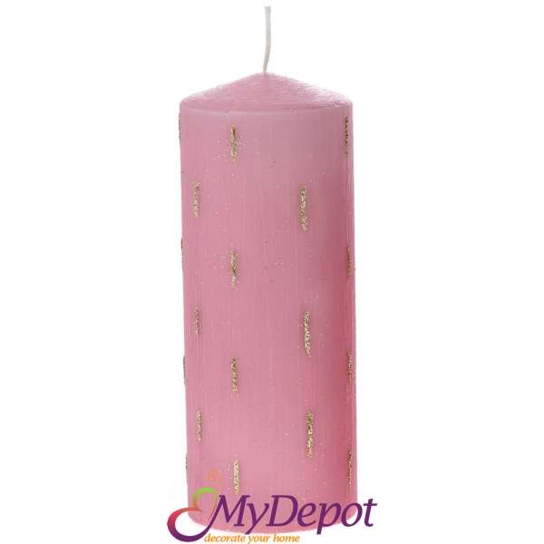 Свещ розова декорирана с брокатени пръски, 7х18 см