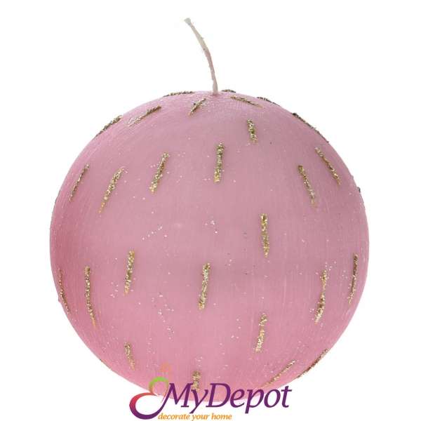 Свещ топка розова декорирана с брокатени пръски, Ф 10 см