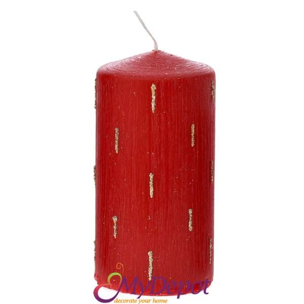 Свещ червена декорирана с брокатени пръски, 7х14 см