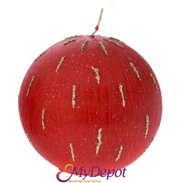 Свещ топка червена декорирана с брокатени пръски, Ф 10 см
