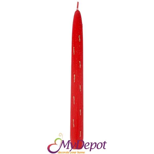 Свещ червена декорирана с брокатени пръски, к-т 6 бр., 25 см