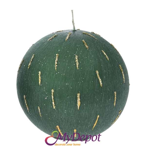 Свещ топка зелена декорирана с брокатени пръски, Ф 10 см