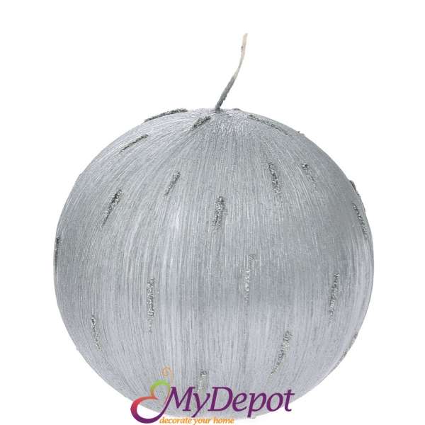 Свещ топка сребро декорирана с брокатени пръски, Ф 10 см
