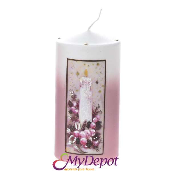 Свещ DECOR с принт пламък, бяло и розово, 7х14 см