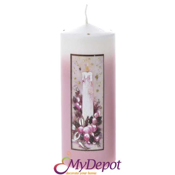 Свещ DECOR с принт пламък, бяло и розово, 7х18 см