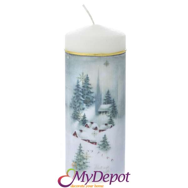 Свещ DECOR с принт - снежно село,  7х18 см